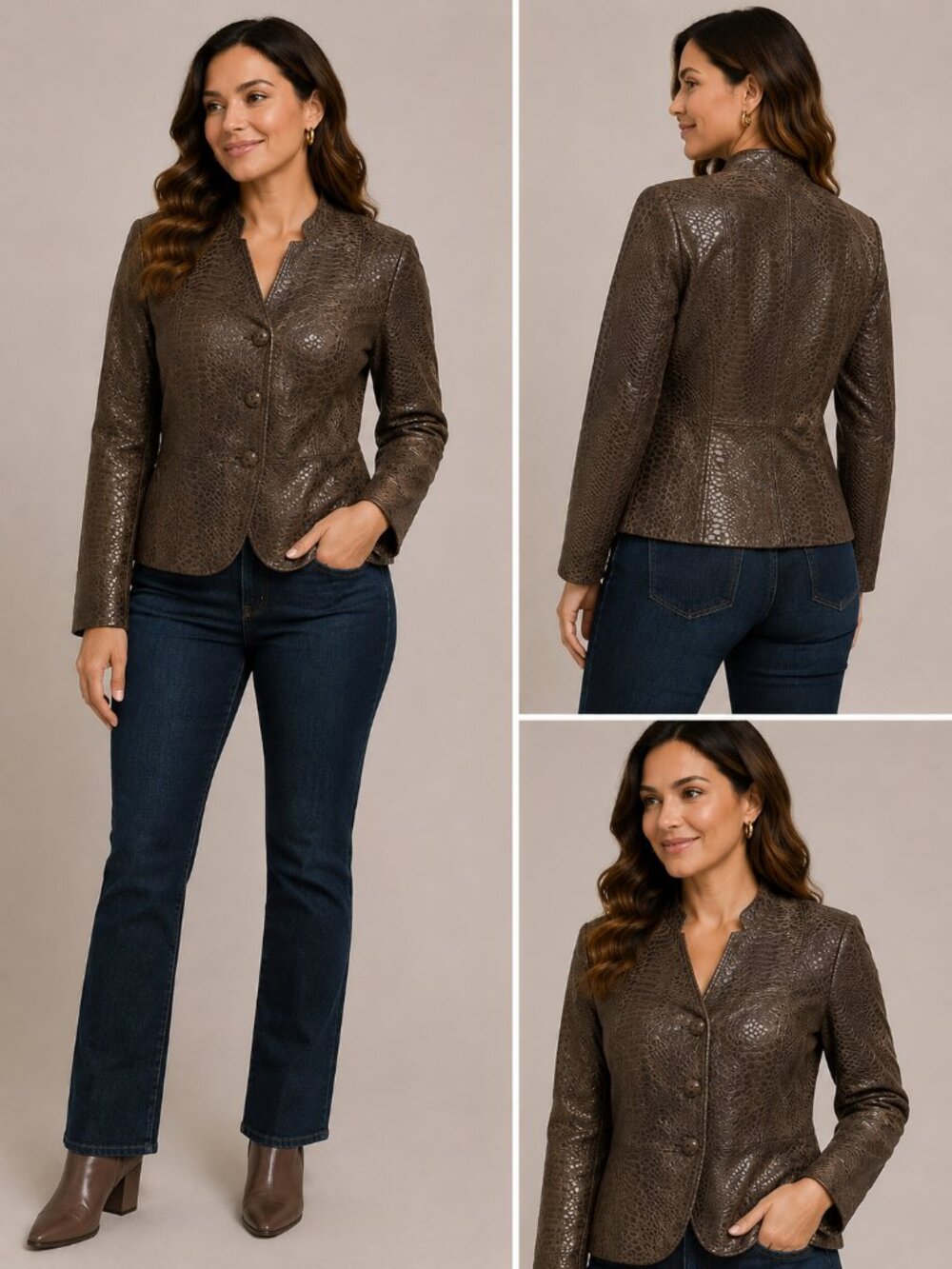 Guillaume Women's Brown Embossed Snakeskin Leather Jacket - Size Small